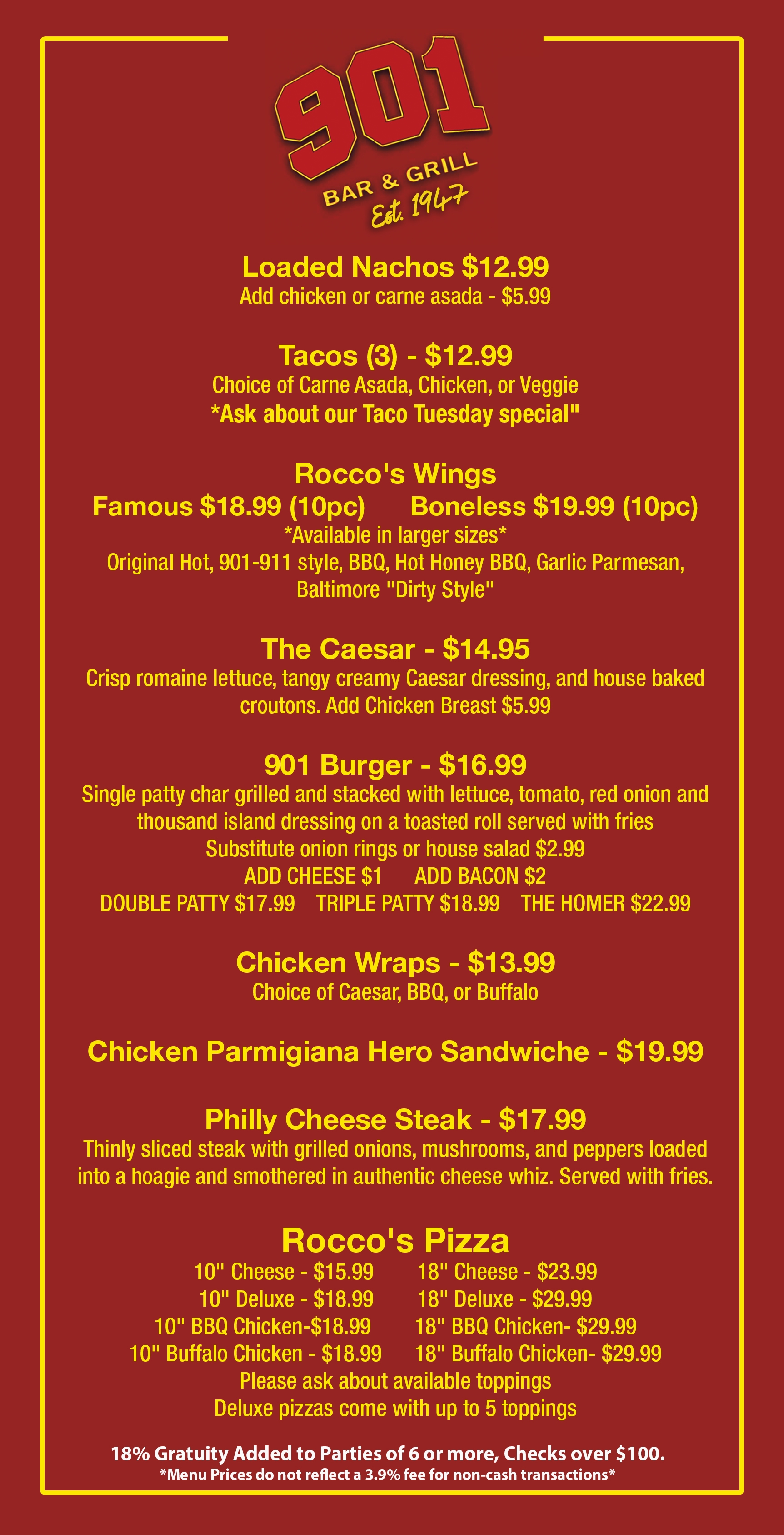 901 Bar & Grill Menu Front