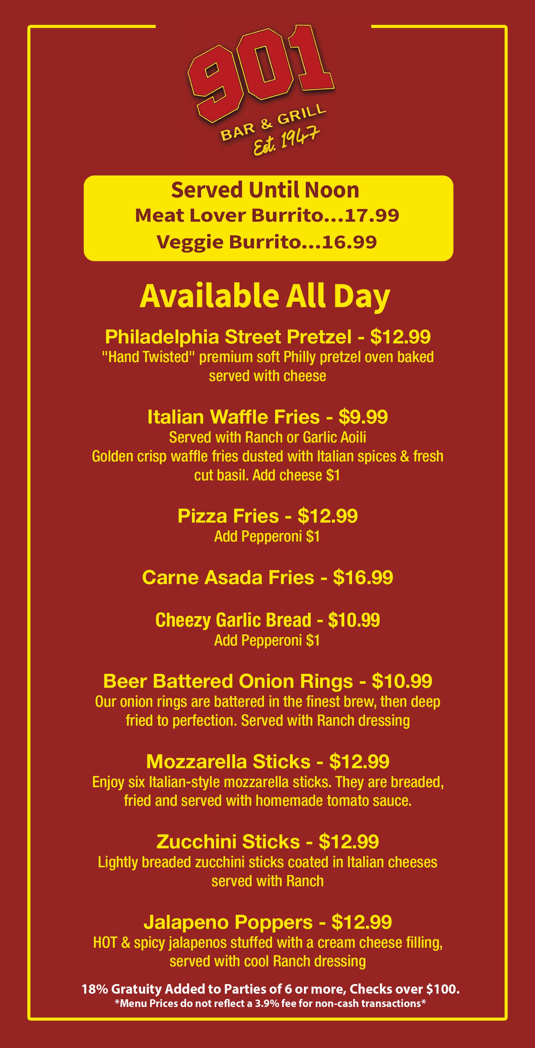 901 Bar & Grill Menu Back