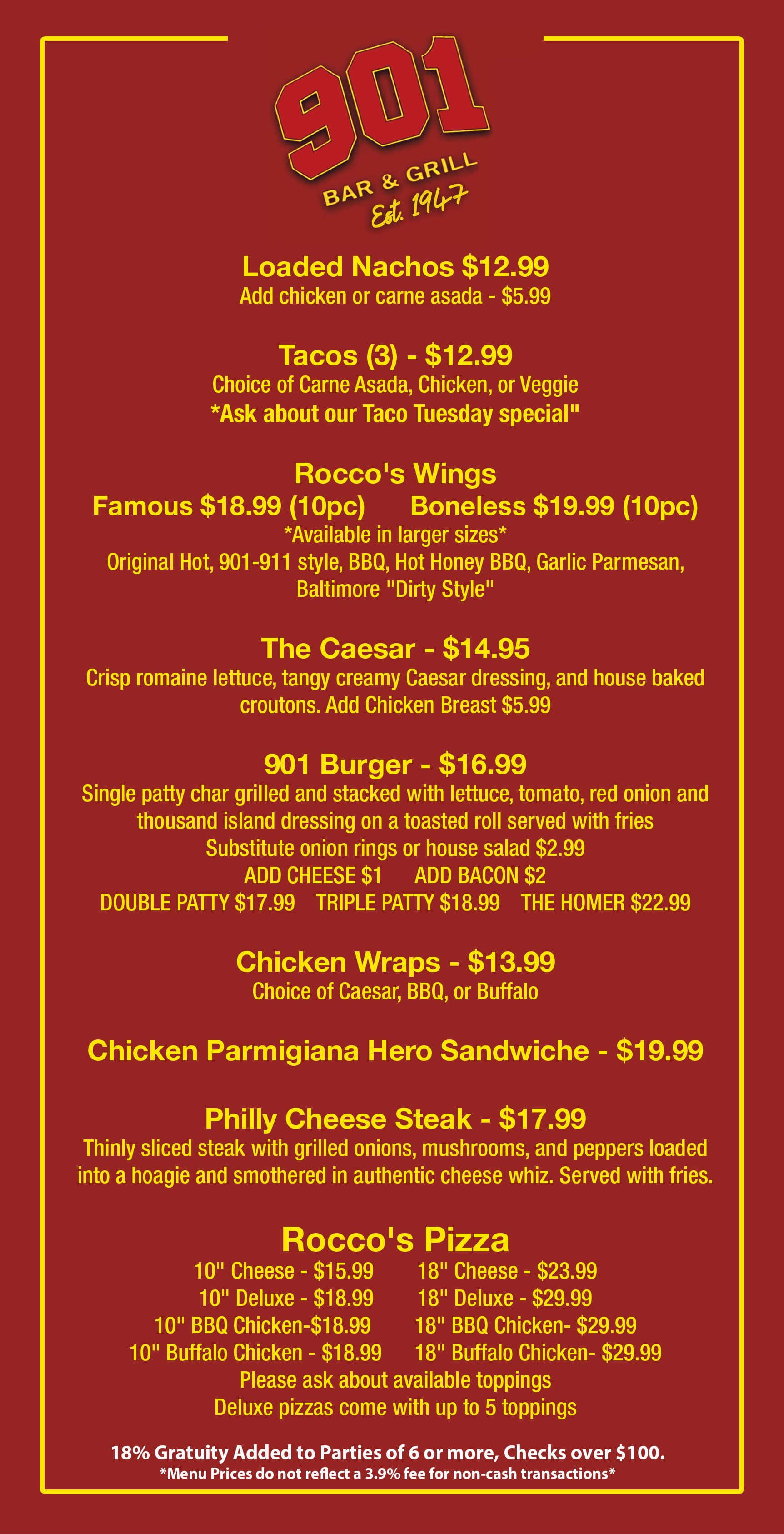 901 Bar & Grill Menu Front